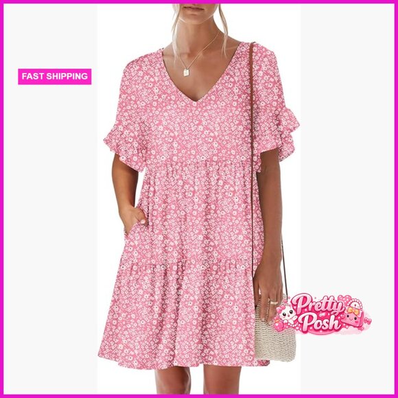 Dresses & Skirts - V Neck Ruffle Sleeve A Line Tiered Mini Dress with Pockets